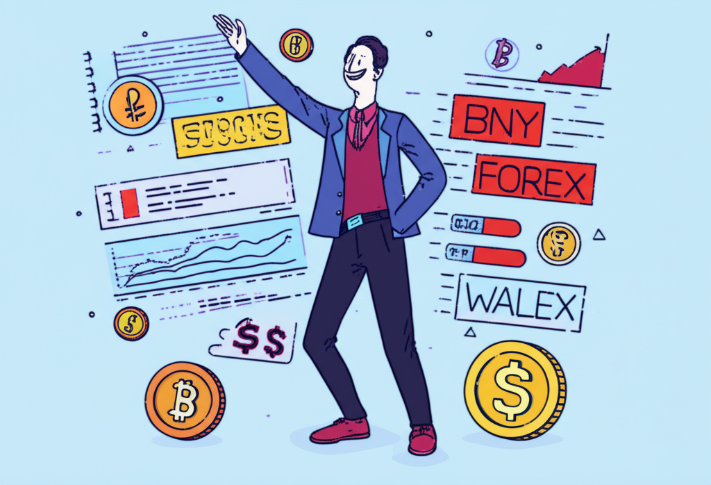 Illustration of a trader confidently navigating financial charts with symbols of stocks forex crypto and wealth