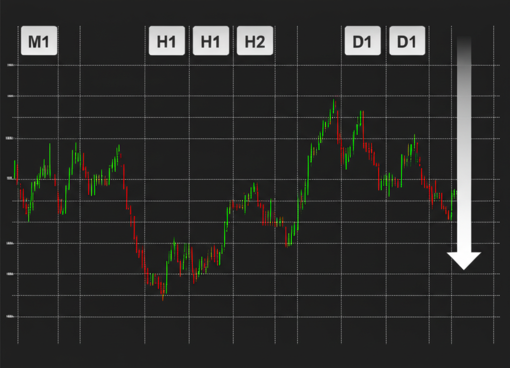 Illustration of a forex chart showing price on vertical axis and time on horizontal axis with different timeframes like M1 H1 D1