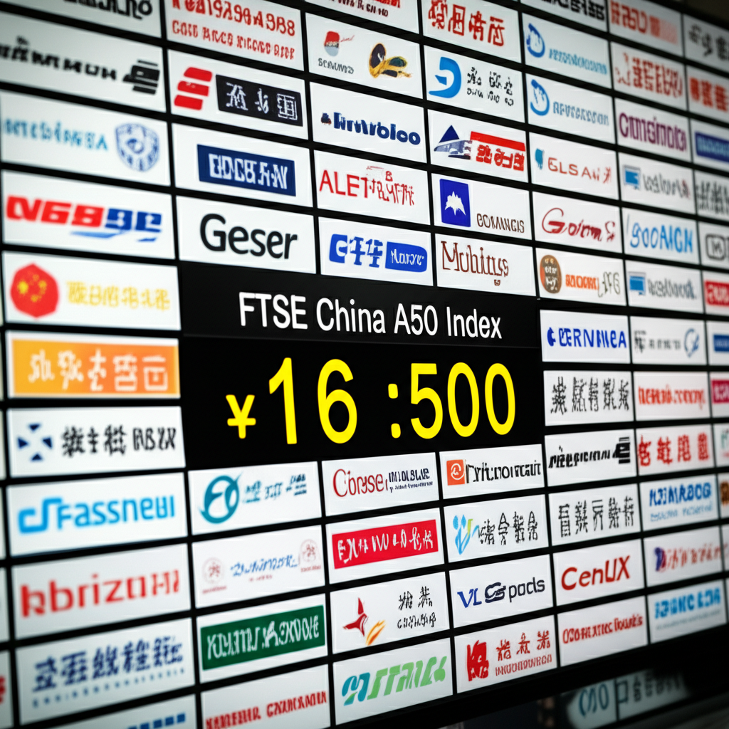 ภาพประกอบตลาดหุ้นยักษ์ใหญ่พร้อมโลโก้บริษัทจีน 50 แห่ง โดยเน้นดัชนี FTSE China A50