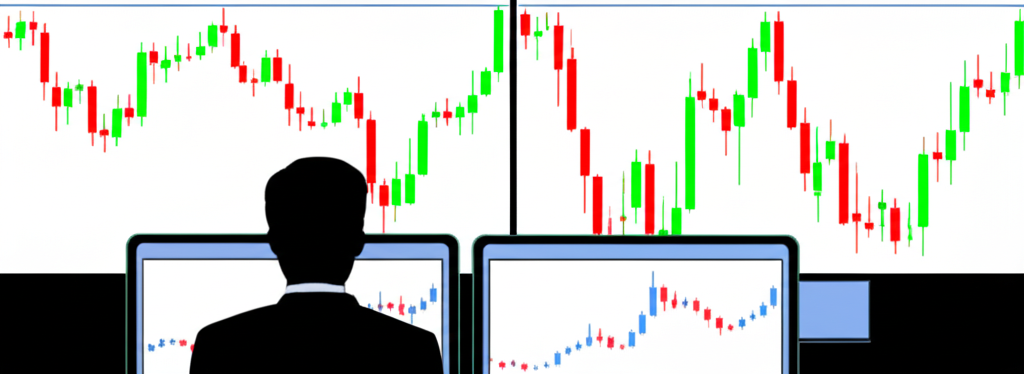 Illustration of a calm smooth Heikin Ashi chart next to a volatile normal candlestick chart