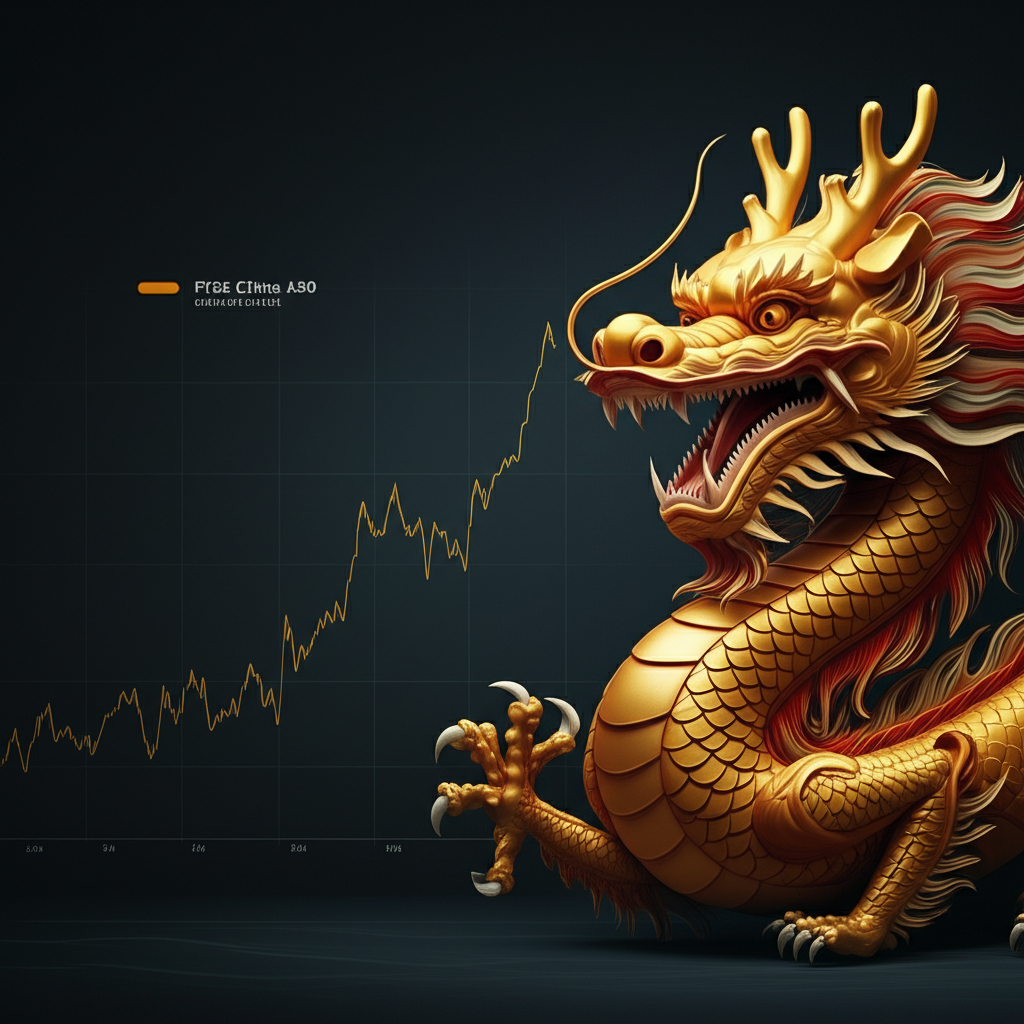 ภาพประกอบมังกรจีนยักษ์ใหญ่แทนเศรษฐกิจ พร้อมกราฟที่ใช้ FTSE China A50 เป็นเกณฑ์วัด