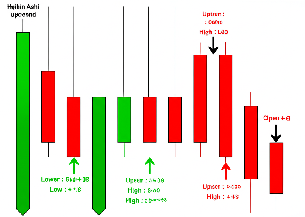 Illustration of Heikin Ashi chart with green uptrend and red downtrend candles showing calculations
