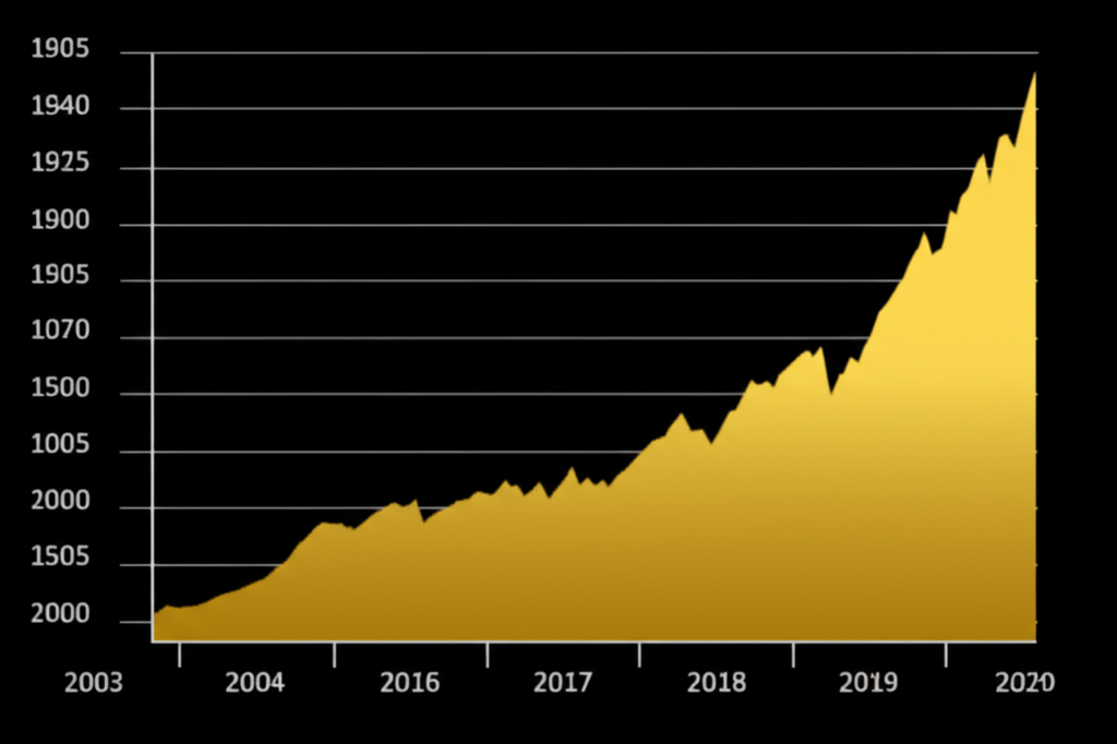 A dynamic gold price graph over decades showing upward trends and sharp peaks representing crises and high inflation illustration style