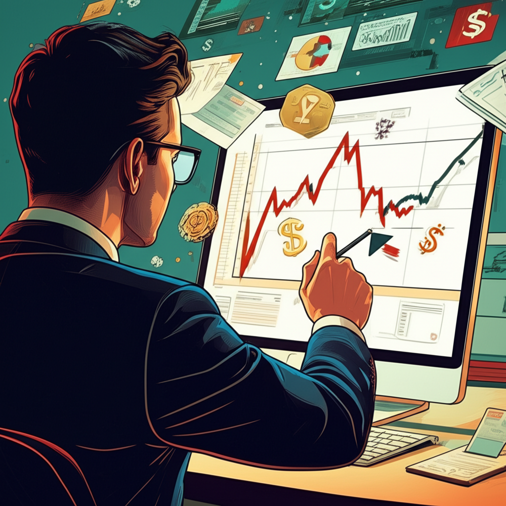 An investor studying a complex gold price chart with economic and political symbols floating around illustration style
