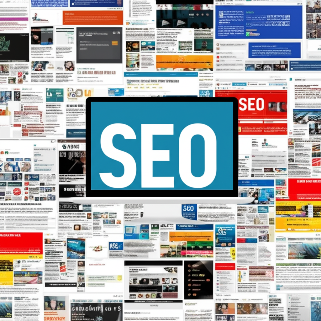 數位時代中 SEO 重要性的數位景觀插圖，展示網站與廣告在網路中的競爭