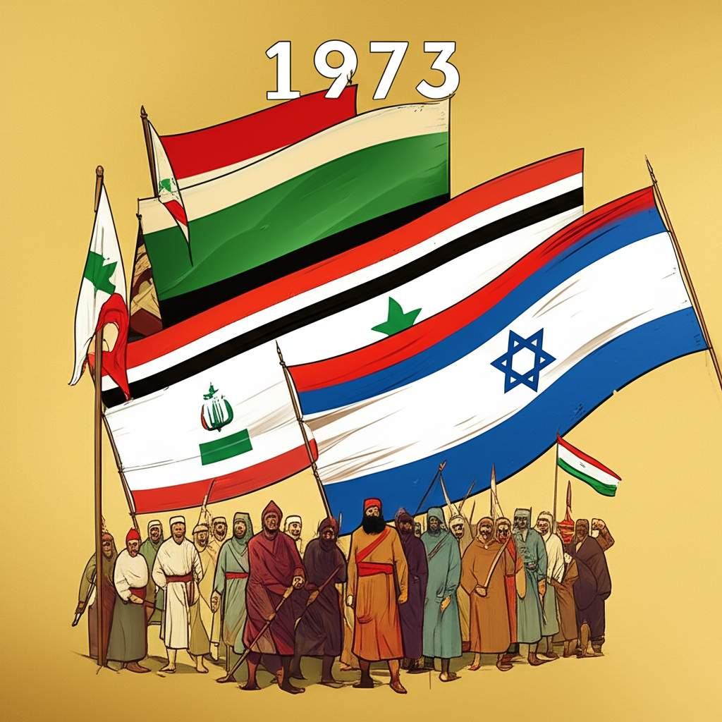 ฉากประวัติศาสตร์แสดงธงอาหรับและอิสราเอลพร้อมไทม์ไลน์นำไปสู่ปี 1973