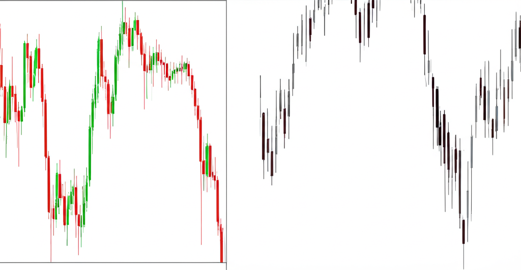 Illustration of two distinct charts: smooth Heikin Ashi and choppy Japanese candlestick