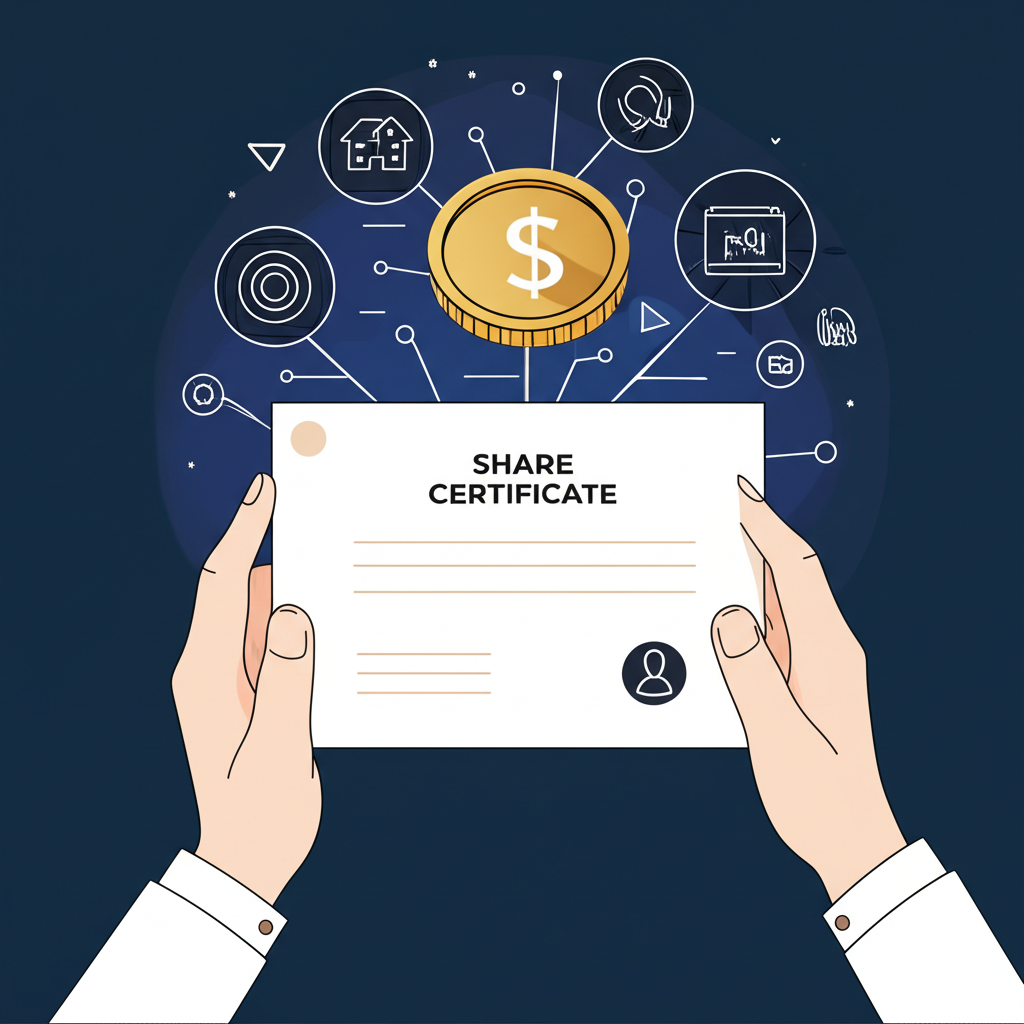 illustration of a person holding a share certificate with abstract company ownership symbols and dividend coins