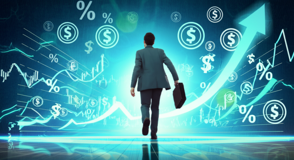 illustration of a person confidently stepping into a world of glowing stock charts and growth symbols