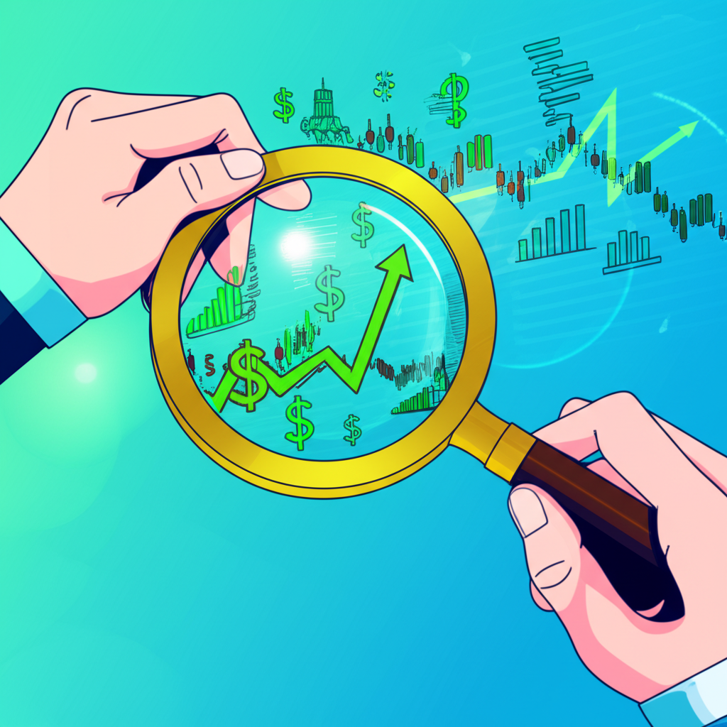 illustration of hands holding a magnifying glass over a stock market screen showing company growth and economic symbols