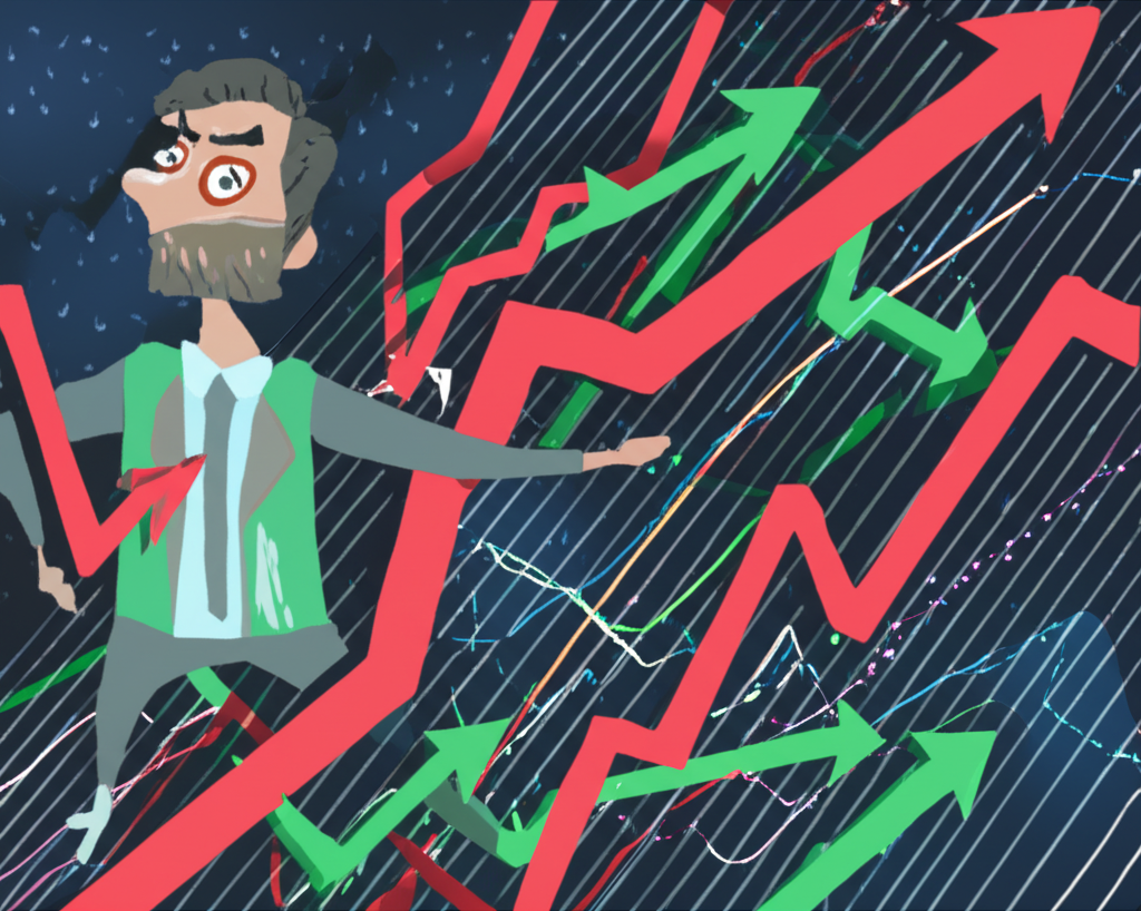 A trader navigating a chaotic financial market with charts and arrows illustration