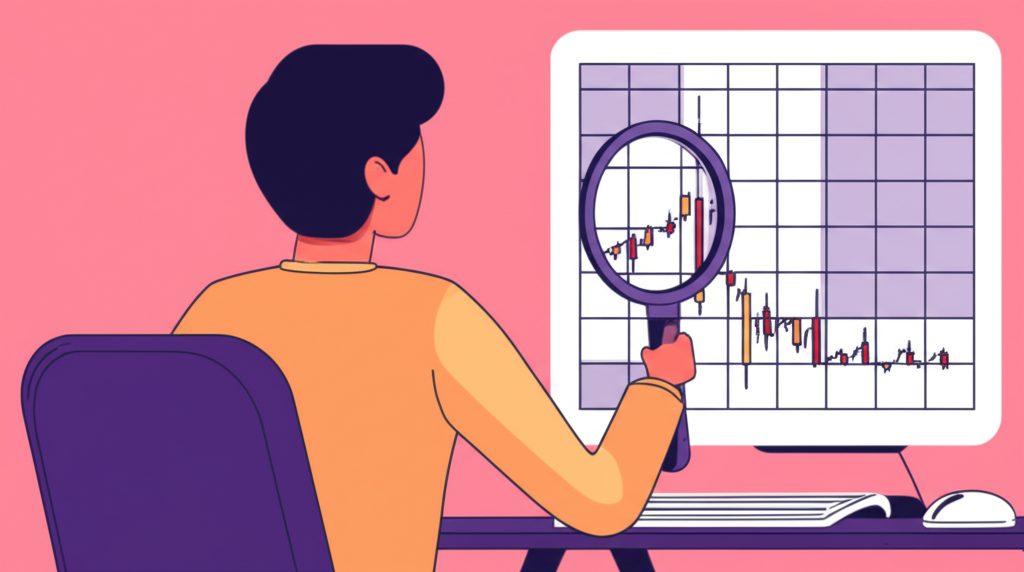 A Thai trader studying a financial chart with a magnifying glass illustration
