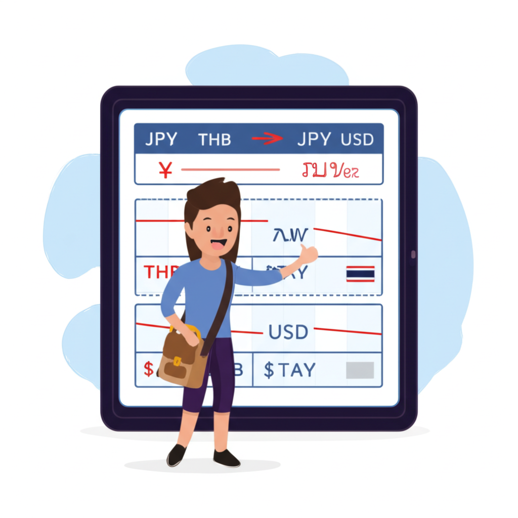 An illustration of a digital currency exchange screen showing JPY THB and JPY USD rates with a downward trend and a happy Thai tourist planning a trip to Japan