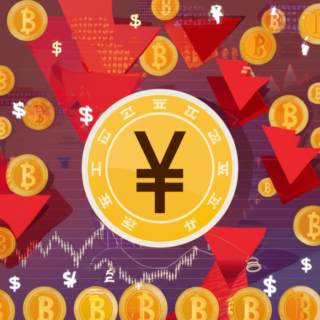 An illustration of a Japanese Yen coin with downward arrows surrounded by Thai baht coins and global market symbols