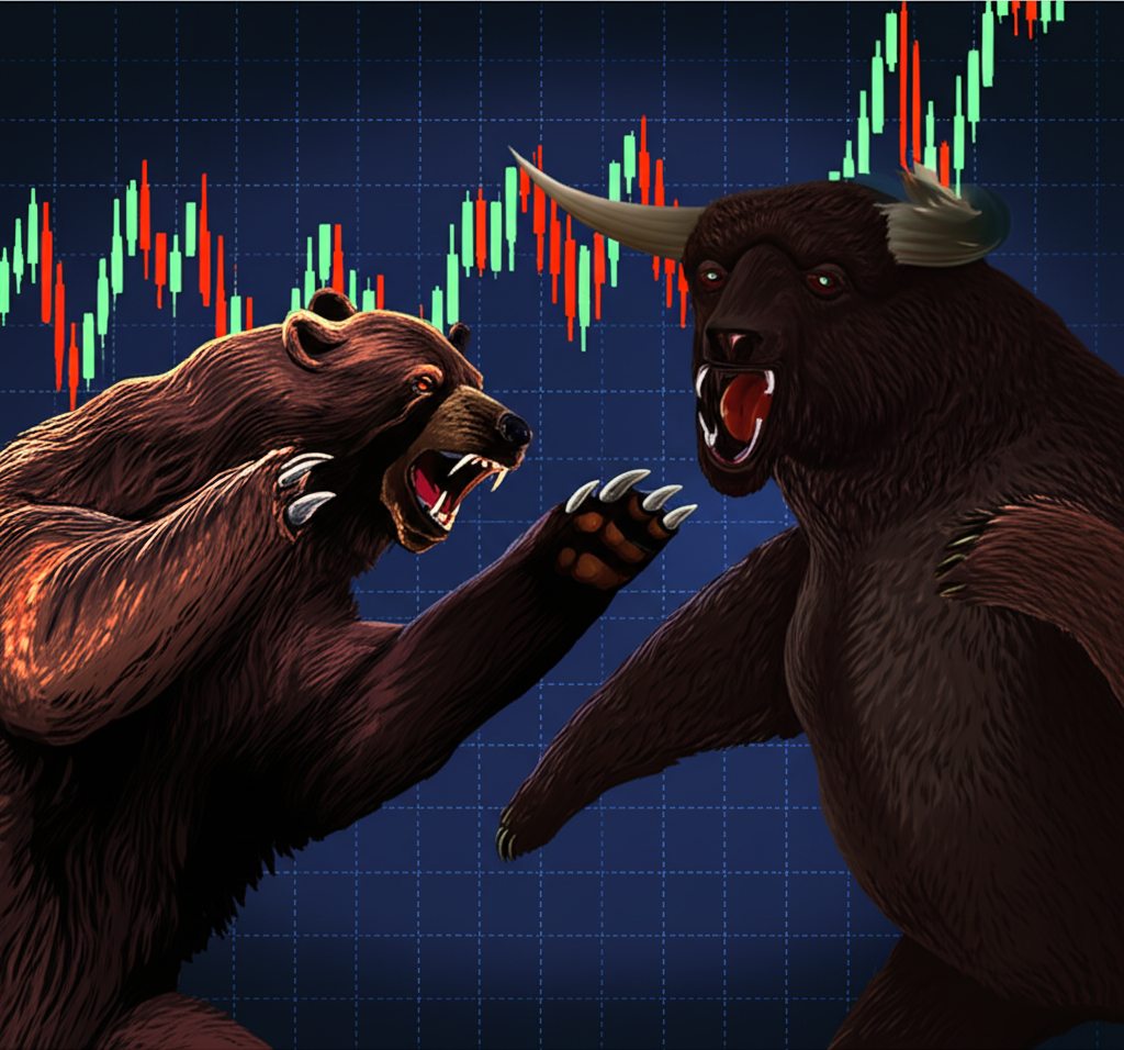 illustration showing market forces of buying and selling represented by bulls and bears on a trading chart