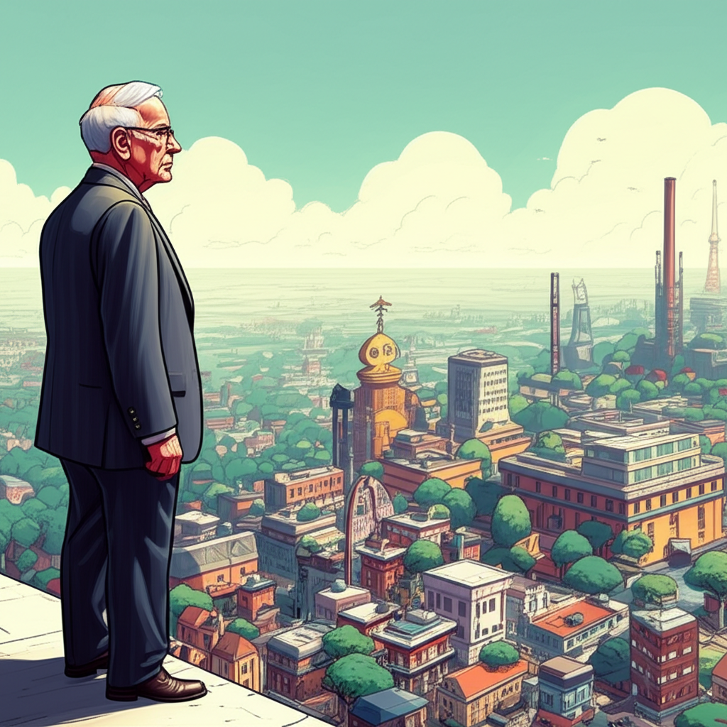 ภาพประกอบนักลงทุนชราผู้ฉลาดอย่าง Warren Buffett มองออกไปยังอาณาจักรการลงทุนที่หลากหลายและกว้างใหญ่