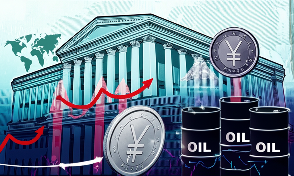 An illustration of complex economic factors like a central bank building interest rate graphs inflation data oil barrels and a world map all influencing a Japanese Yen coin