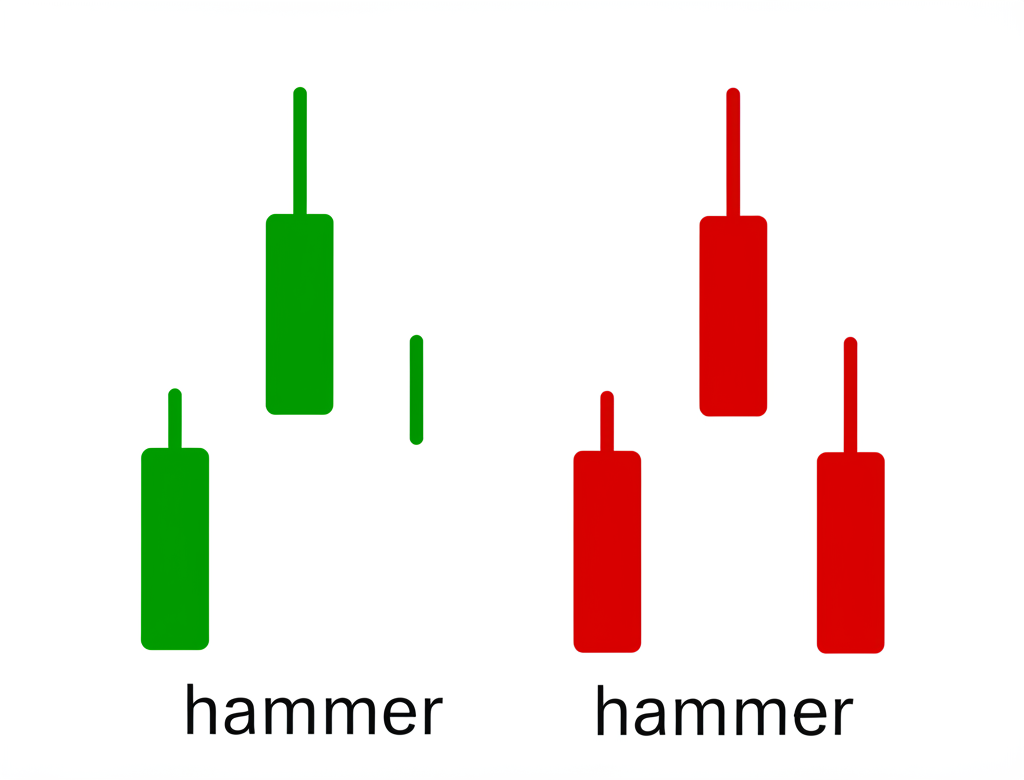 ภาพประกอบเปรียบเทียบแท่งเทียน Hammer สีเขียวและสีแดงที่แสดงความแตกต่าง