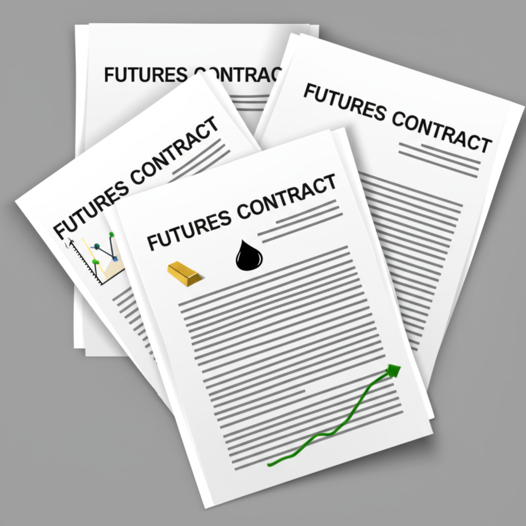 illustration showing standardized futures contract documents with various underlying assets like gold oil and stock indexes