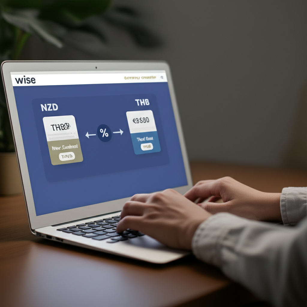 Illustration of a person using a laptop with a Wise currency converter on screen converting NZD to THB