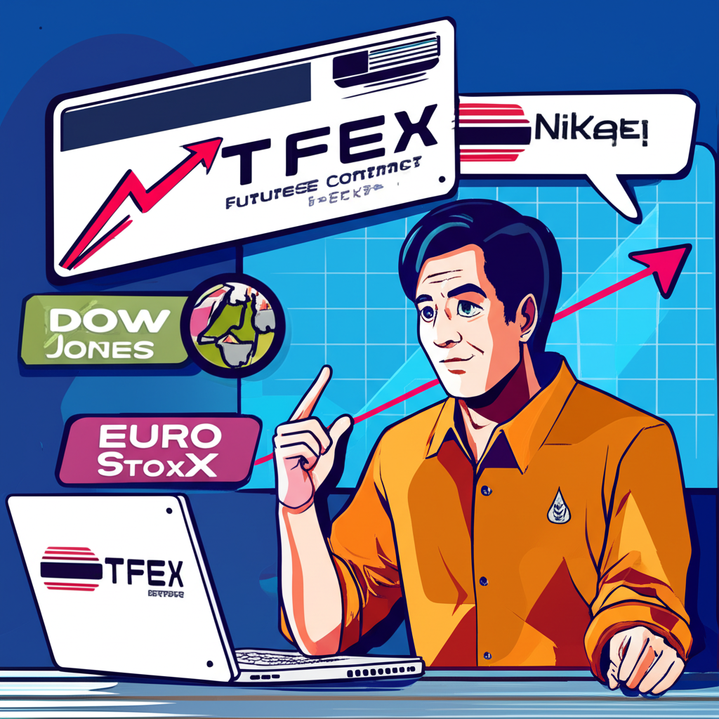 illustration of a Thai investor understanding futures contracts and TFEX with financial charts and global market symbols