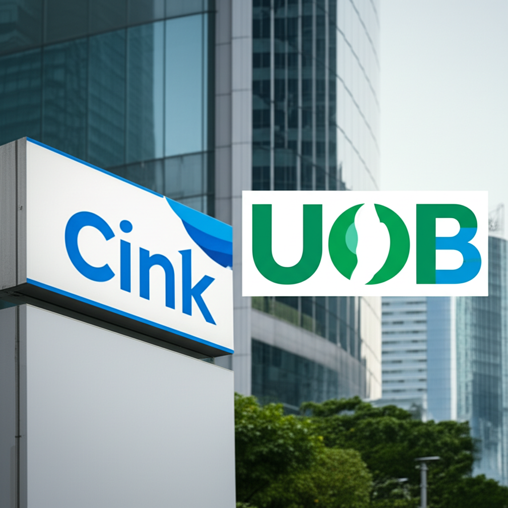 ภาพประกอบป้าย Citibank ที่เปลี่ยนเป็นป้าย UOB ในย่านการเงินสมัยใหม่ของเมืองไทย
