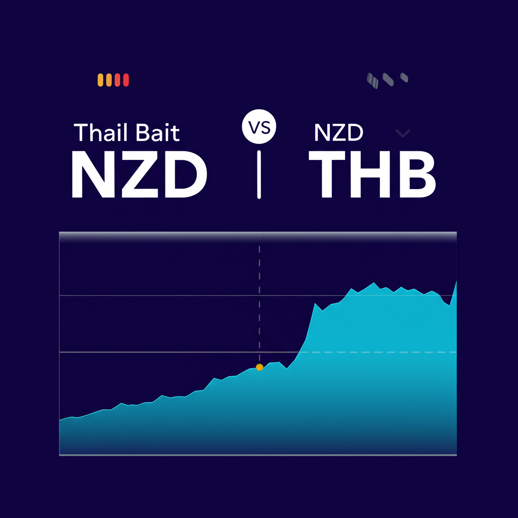 Illustration of a currency exchange interface showing NZD to THB conversion with a fluctuating rate graph