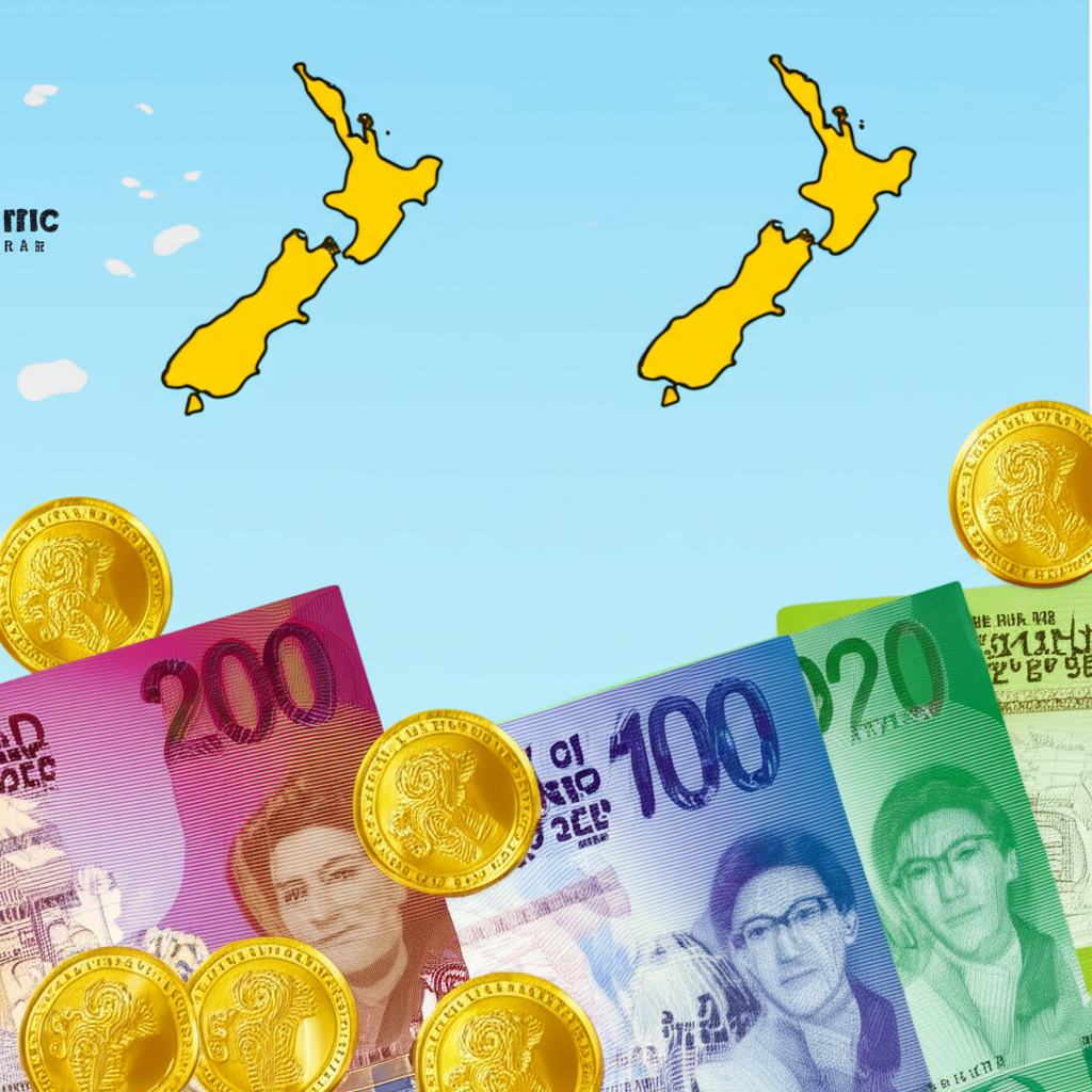 Illustration of New Zealand dollar banknotes and coins with a New Zealand map and Pacific islands illustration