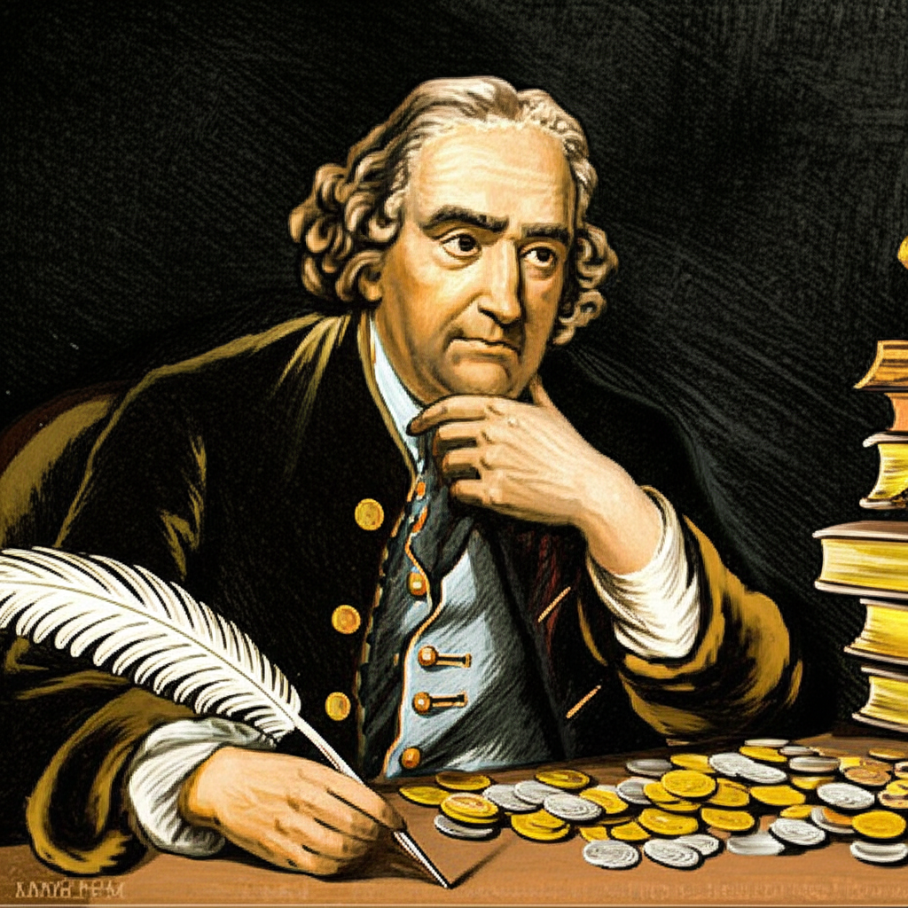 illustration of an old philosopher like David Hume contemplating money and its effects on prices in the 18th century