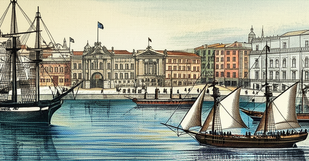 桑坦德銀行歷史起源插圖,描繪1857年在西班牙桑坦德市的成立,連結西班牙與拉丁美洲貿易
