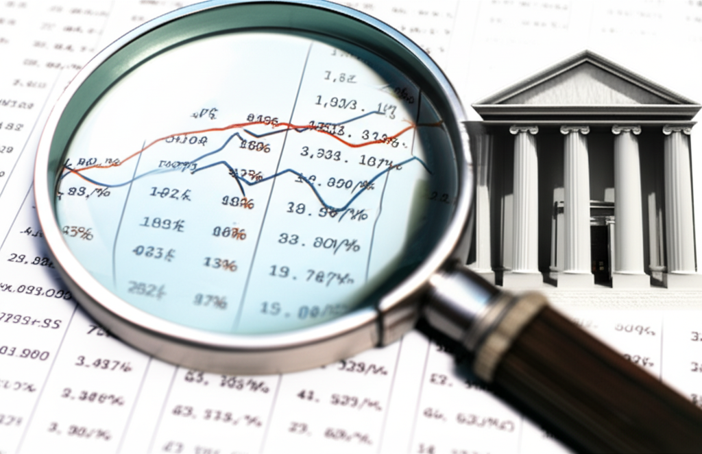 illustration of a magnifying glass over economic charts and a central bank building representing monetary policy analysis
