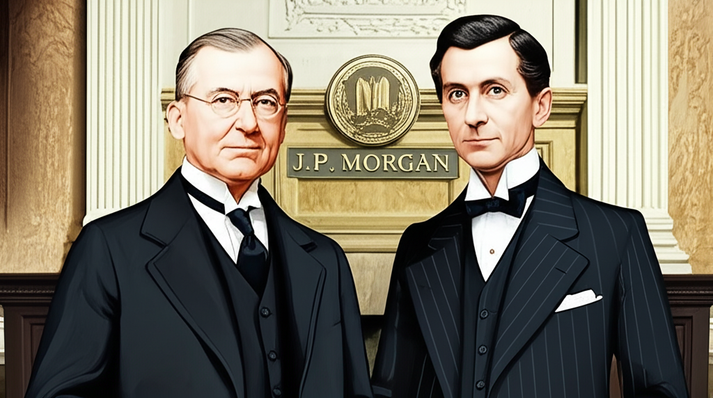 Henry S Morgan and Harold Stanley establishing Morgan Stanley in 1935 separating from JP Morgan illustration