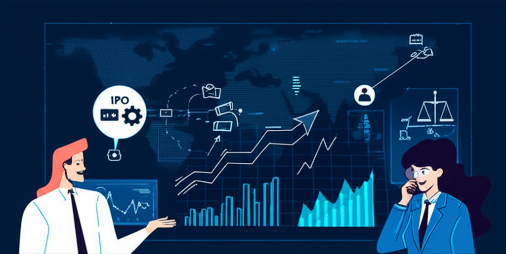 Financial advisors helping companies raise capital through IPOs and M&A managing assets for clients global economy illustration