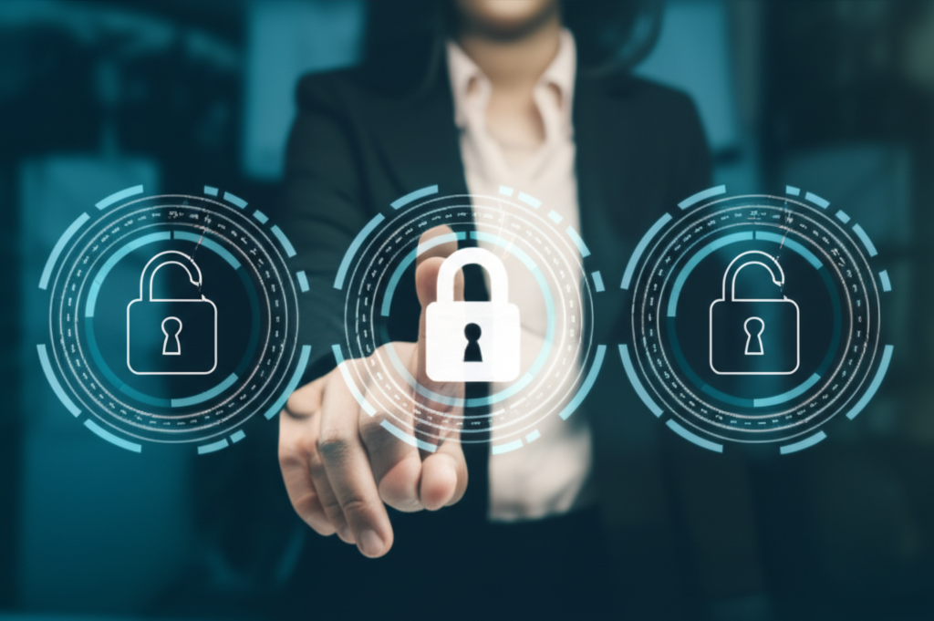 Thai businessperson securing currency exchange with lock icon for FX hedging illustration