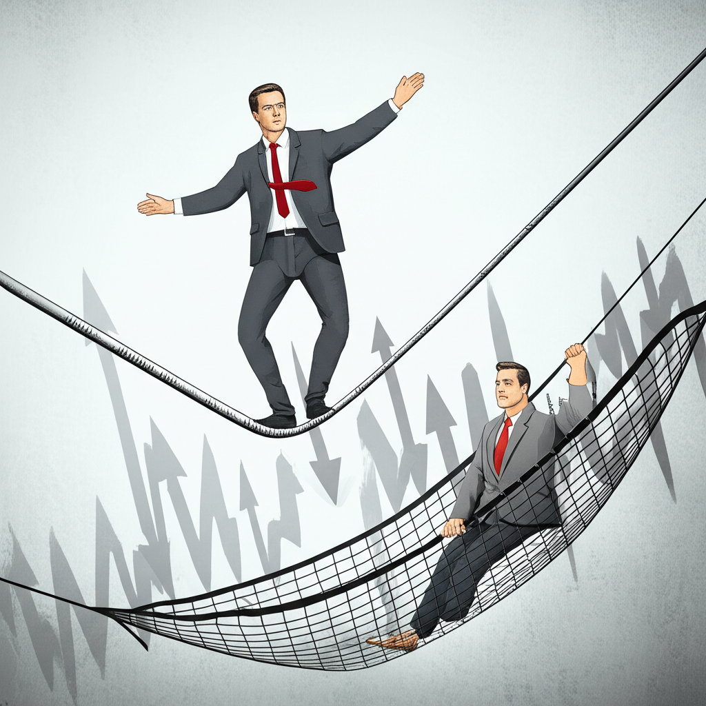 An illustration of an investor balancing on a tightrope above a volatile market with a broker holding a margin safety net