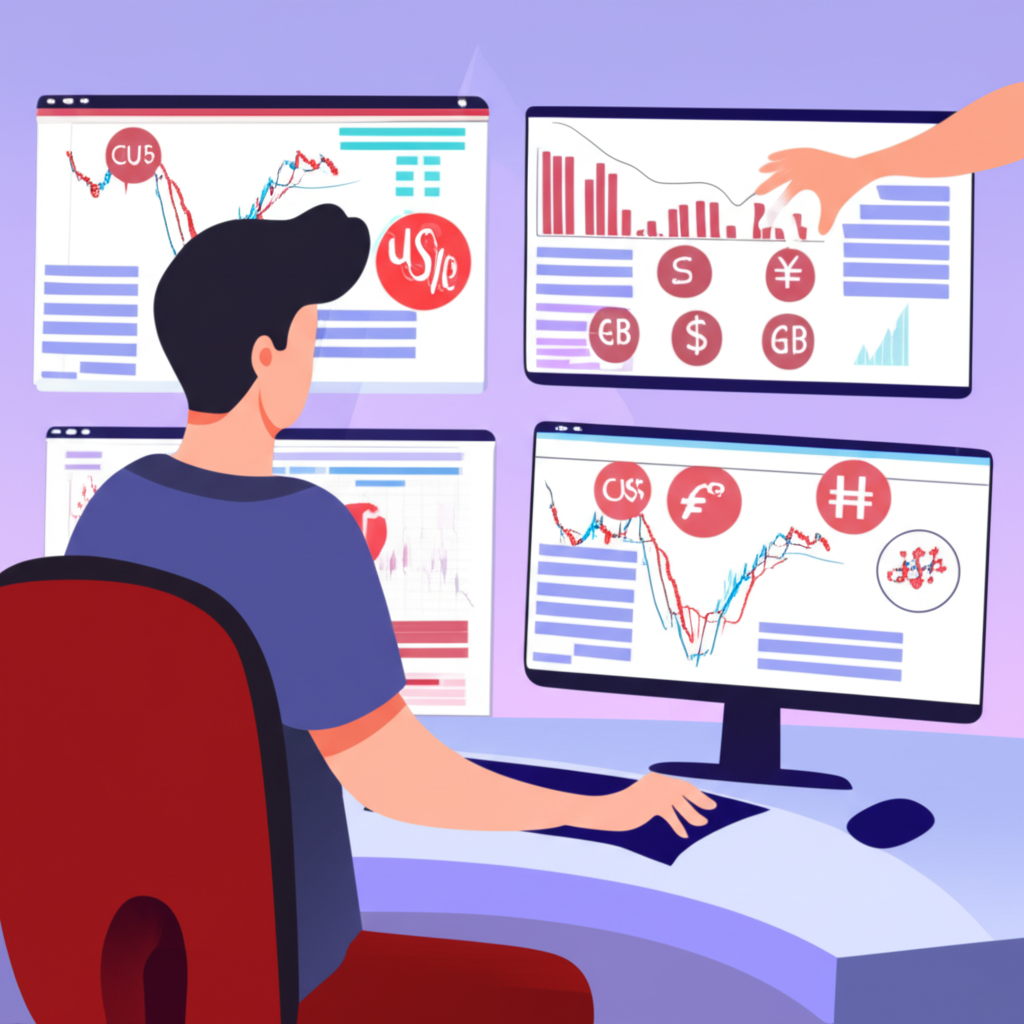 ภาพประกอบผู้ศึกษากราฟการเทรด Forex พร้อมสัญลักษณ์สกุลเงินที่แสดงถึงเทคนิคการเทรดและระบบที่แข็งแกร่ง