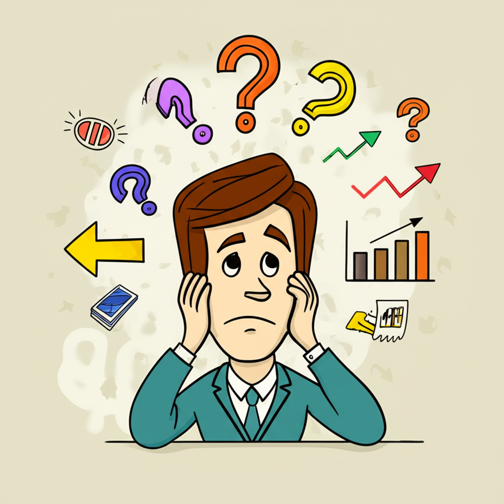 An illustration of a confused investor looking at different stock concepts