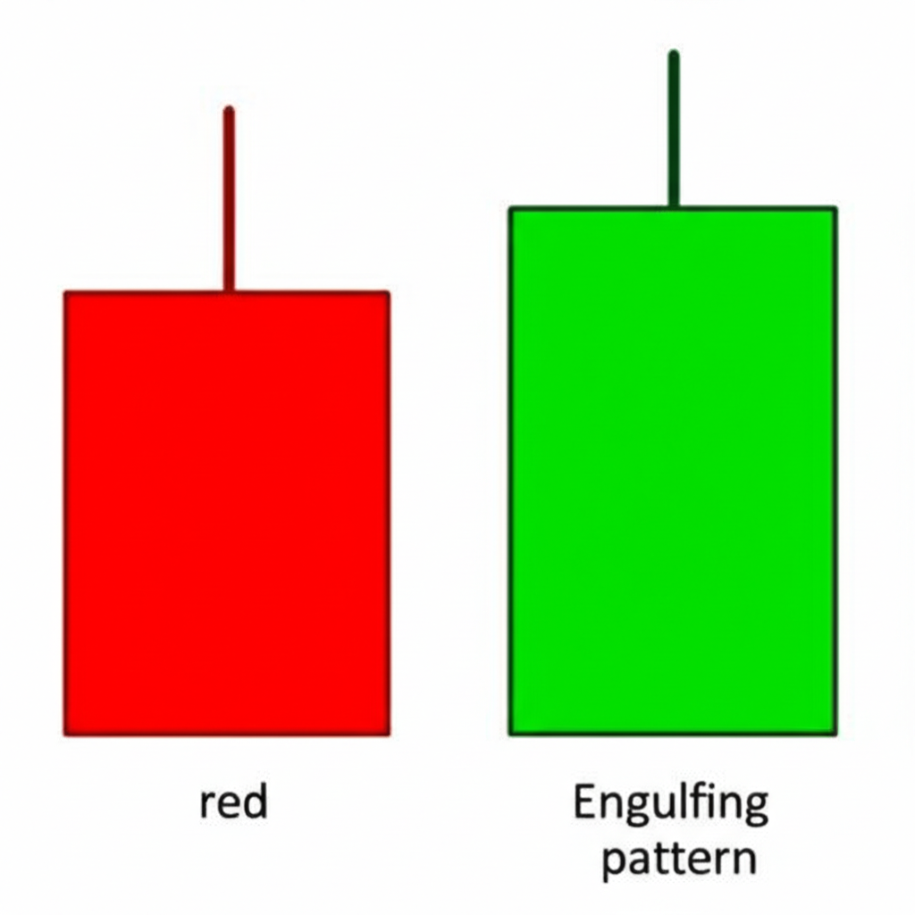 Illustration of a bullish engulfing pattern a small red candle engulfed by a large green candle