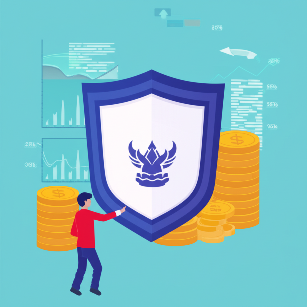 Thai investor using hedging shield to protect money in volatile financial market illustration