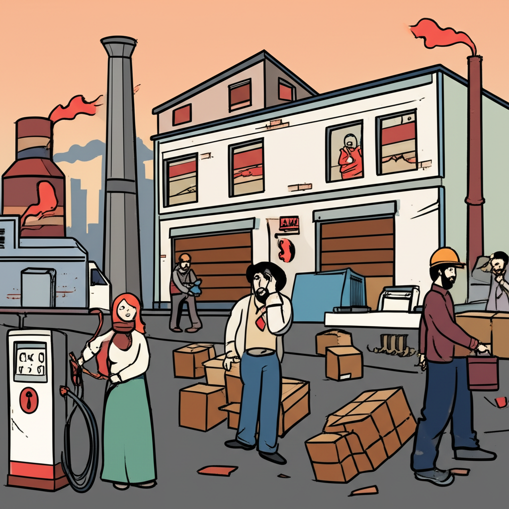 Illustration showing broken supply chains factory closures high gas prices and people working