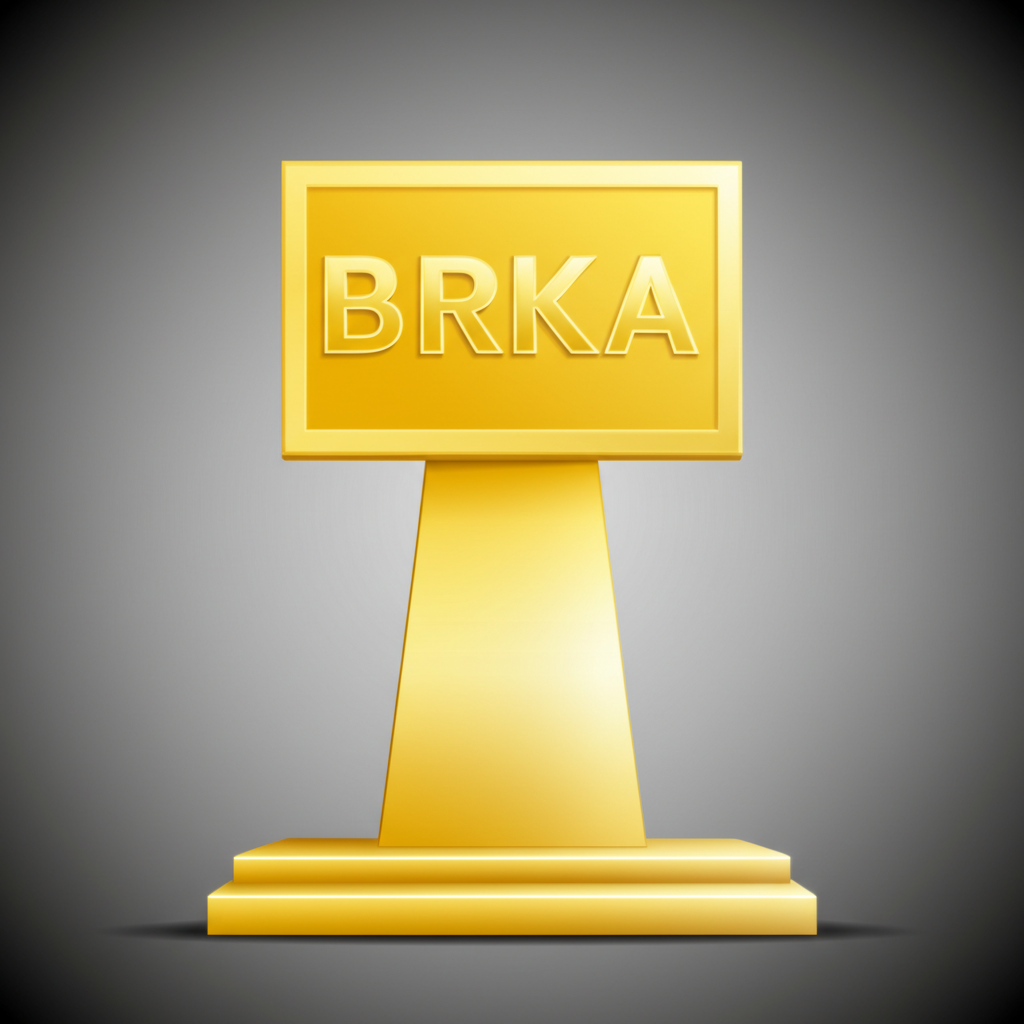 An illustration of a towering golden stock certificate labeled BRKA standing prominently on a pedestal