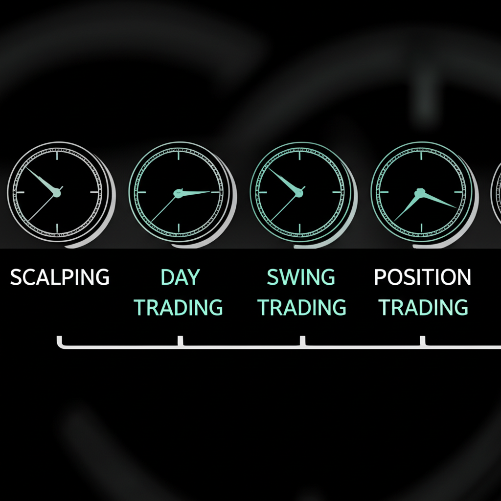 ภาพประกอบไทม์ไลน์เทคนิคการเทรดต่าง ๆ เช่น scalping day swing position trading พร้อมนาฬิกา