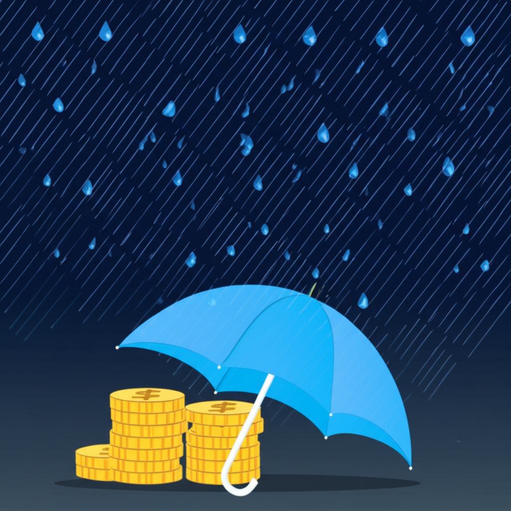 Illustration of financial asset protected by umbrella from market uncertainty rain