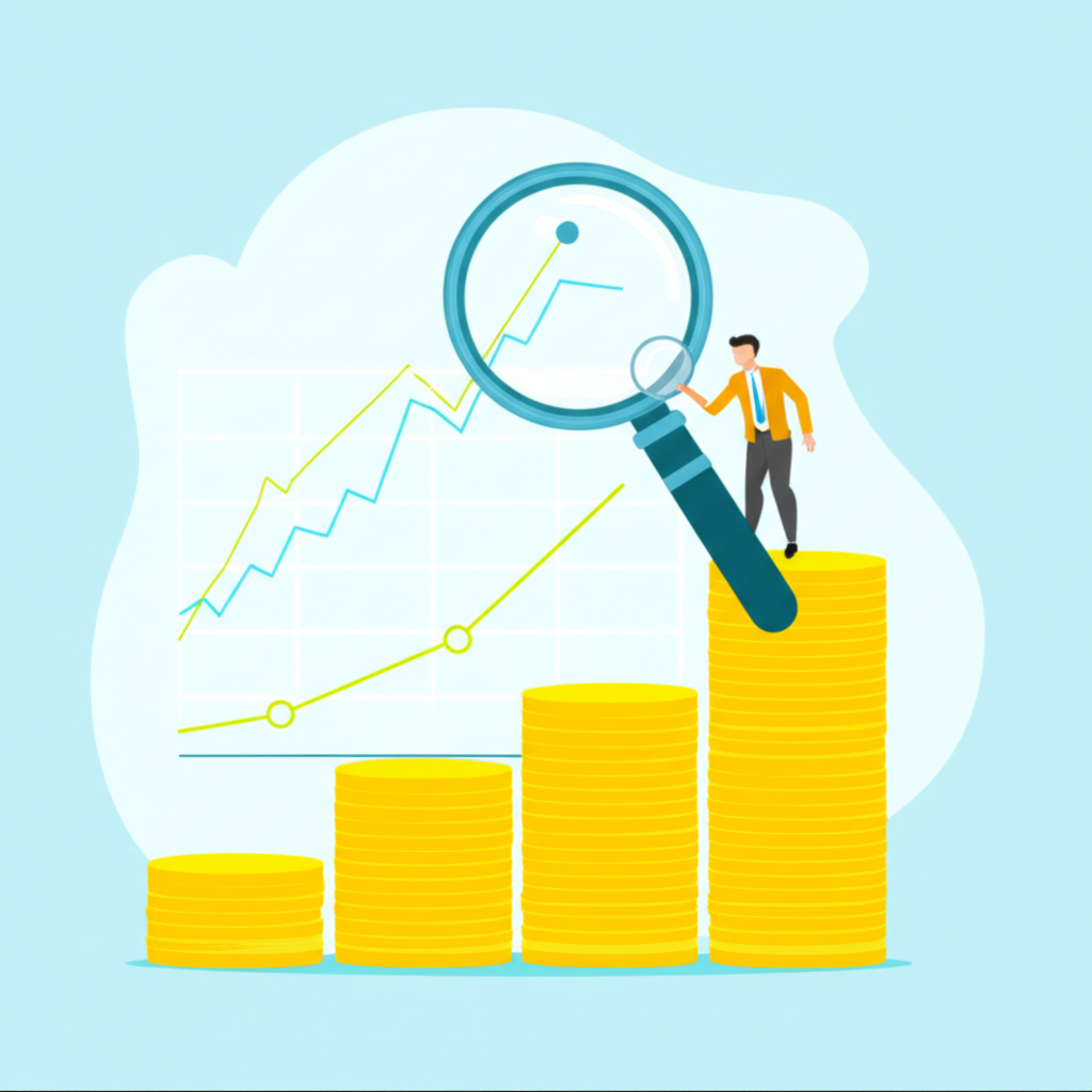 An illustration of a Thai investor with a magnifying glass on a financial chart small coins growing into large stacks of money