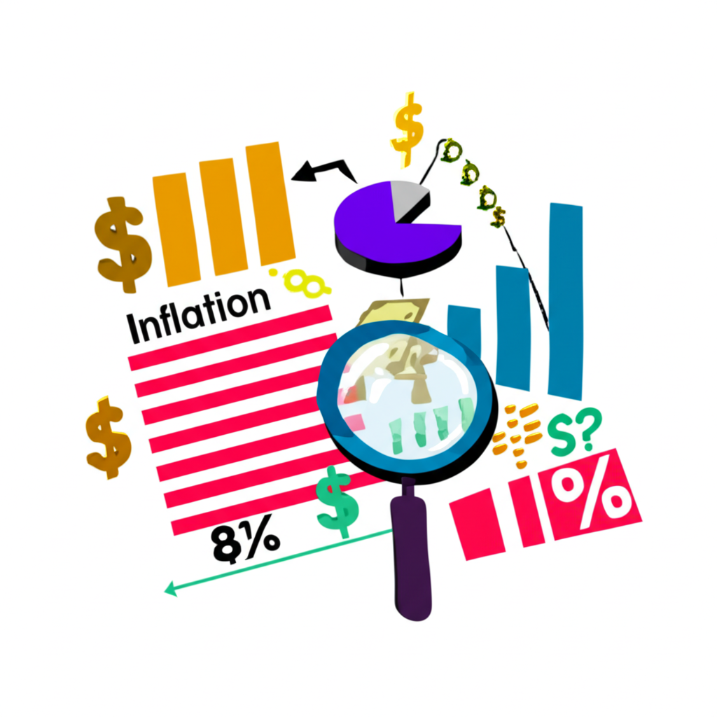 Illustration of charts and graphs showing US inflation data with dollar signs and a magnifying glass