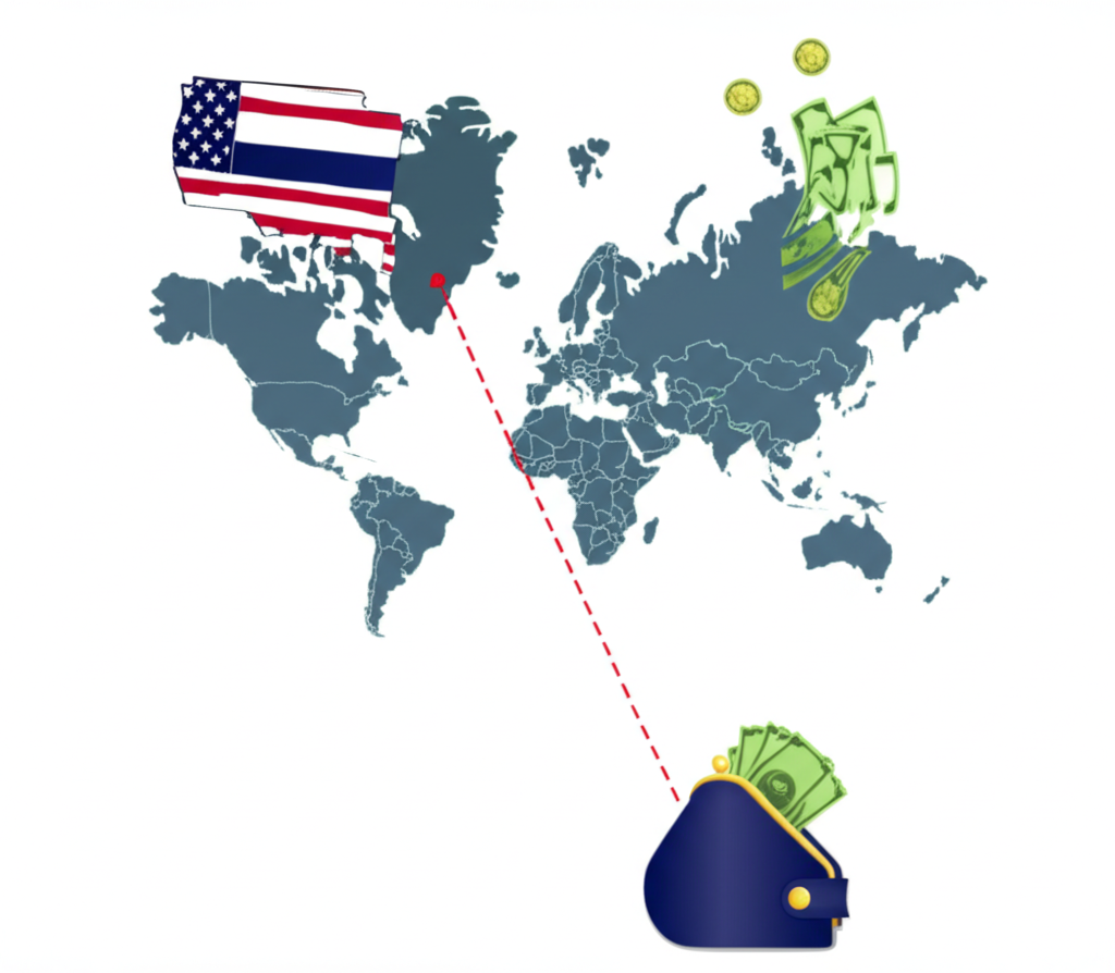 Illustration of a world map with US and Thailand connected showing money flowing and a Thai wallet with rising prices
