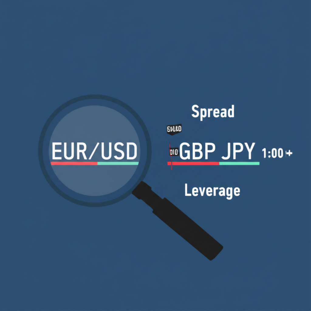 ภาพประกอบคู่สกุลเงินเช่น EUR/USD GBP/JPY พร้อมแว่นขยายที่แสดงแนวคิดสเปรดและเลเวอเรจ