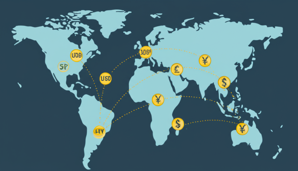 illustration of a world map with USD and JPY symbols connected showing global currency exchange and stability