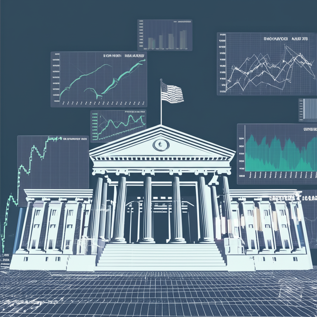 illustration of a central bank building with graphs and news headlines representing economic factors and policies