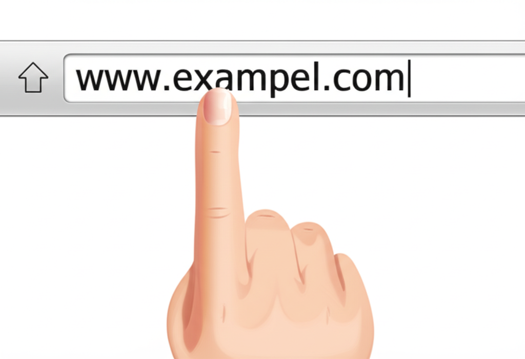 illustration of a hand pointing at a web browser address bar showing a fake URL with subtle spelling errors